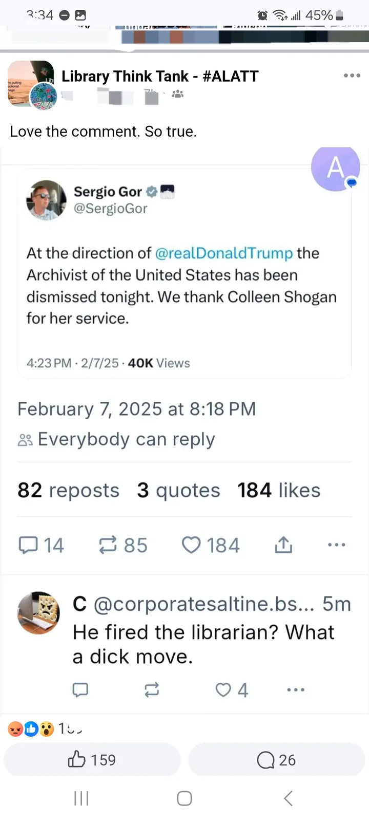 A screenshot of a social media post showing a tweet from Sergio Gor announcing the dismissal of the Archivist of the United…