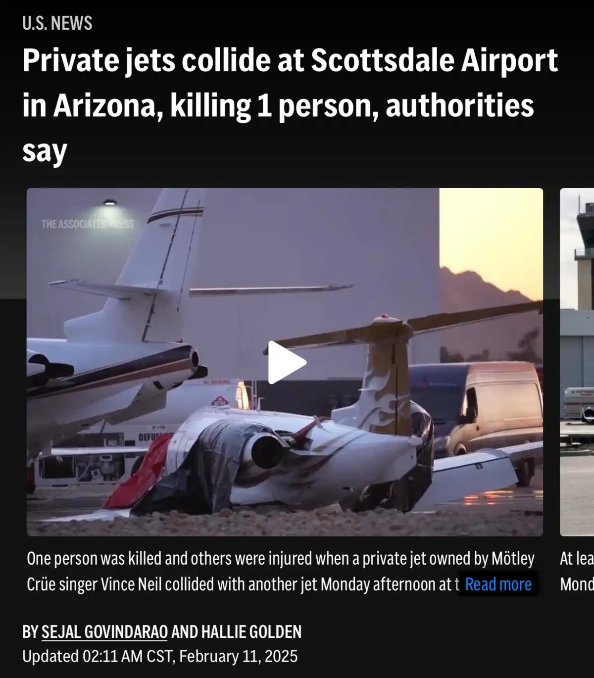 A news article screenshot shows a damaged private jet on an airport tarmac after a collision, with text overlay stating…