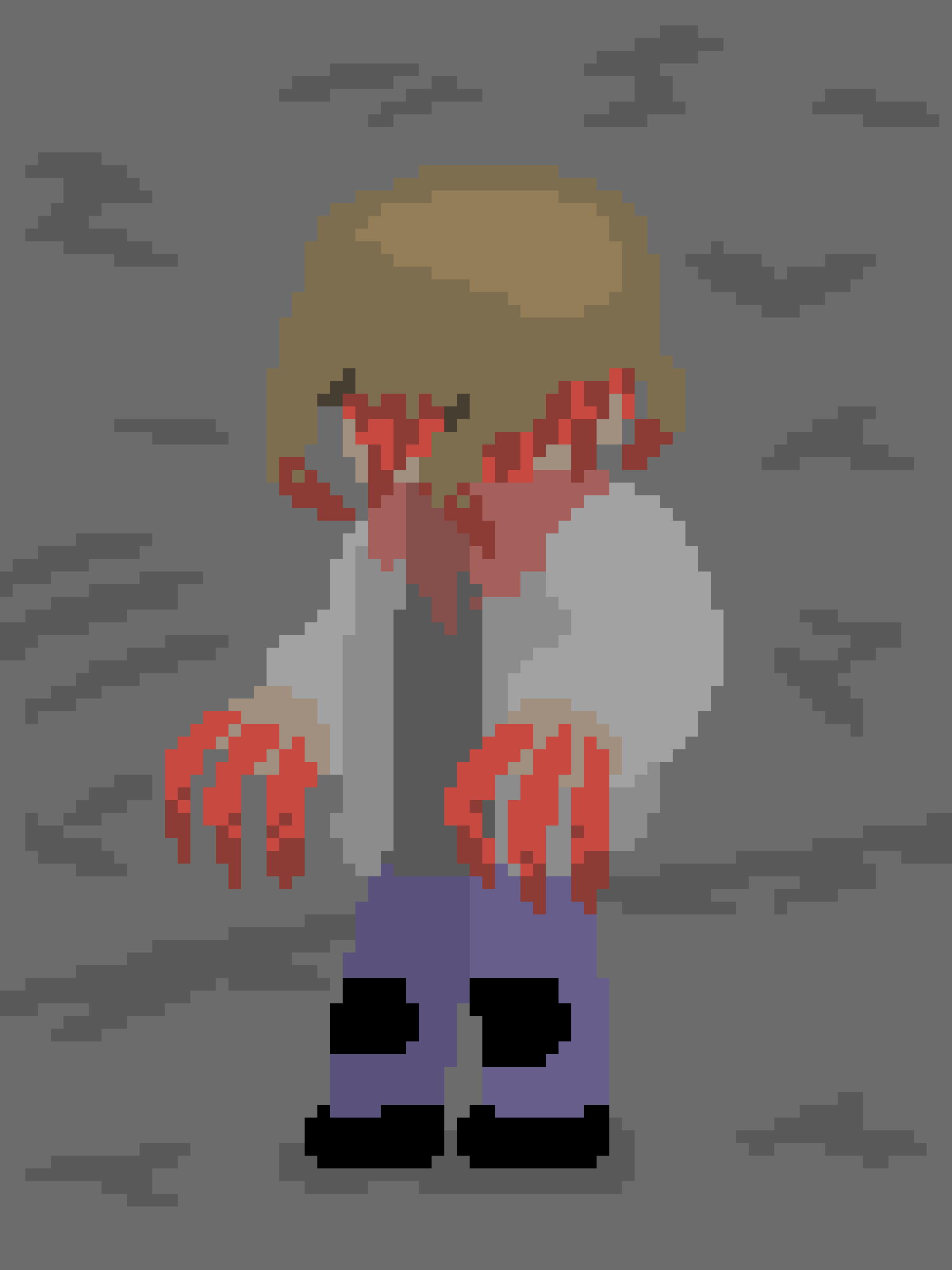 A pixel art image shows a character with brown hair, red eyes, and a grey shirt, standing amidst grey clouds with red liquid…