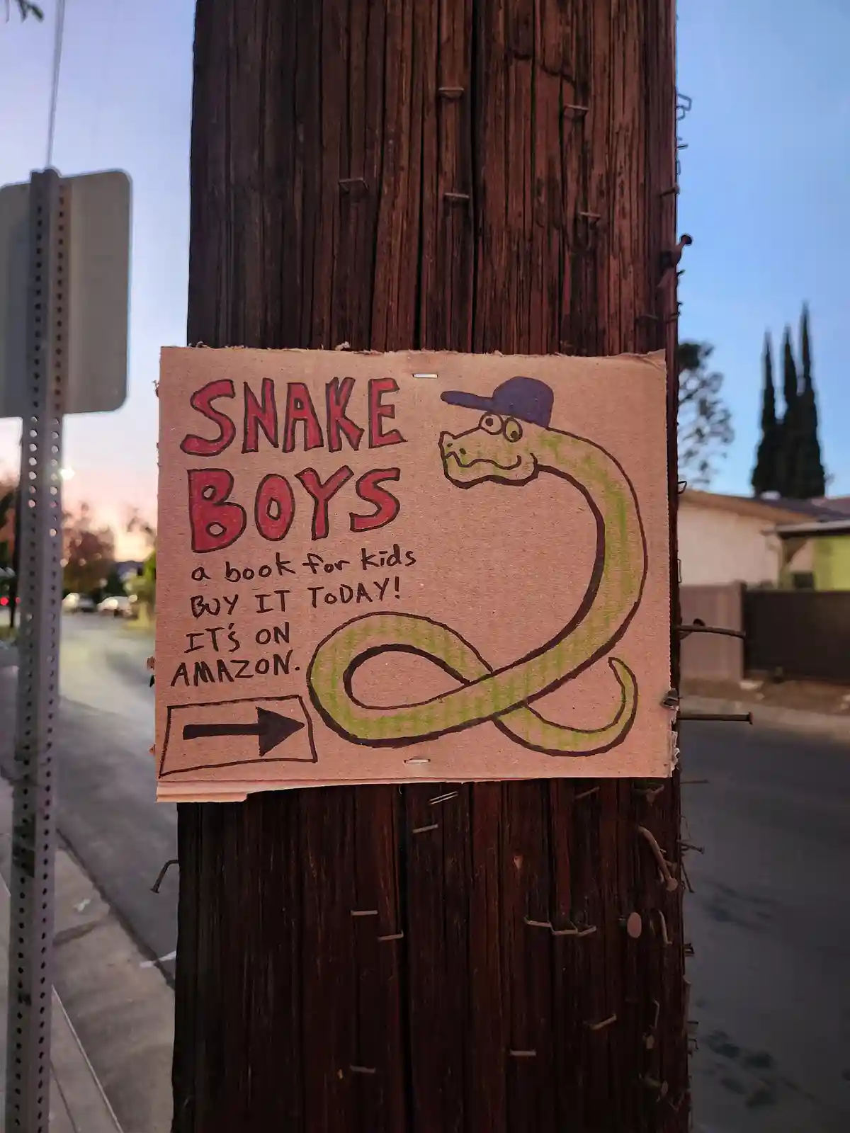 A handmade cardboard sign taped to a wooden utility pole features a cartoon green snake wearing a blue hat. The text in red…