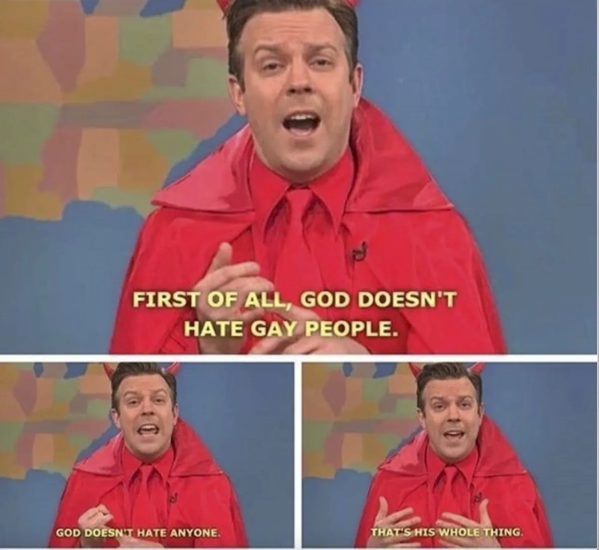 A three-panel meme featuring a man in a red devil costume with small red horns, speaking emphatically. The top panel says…