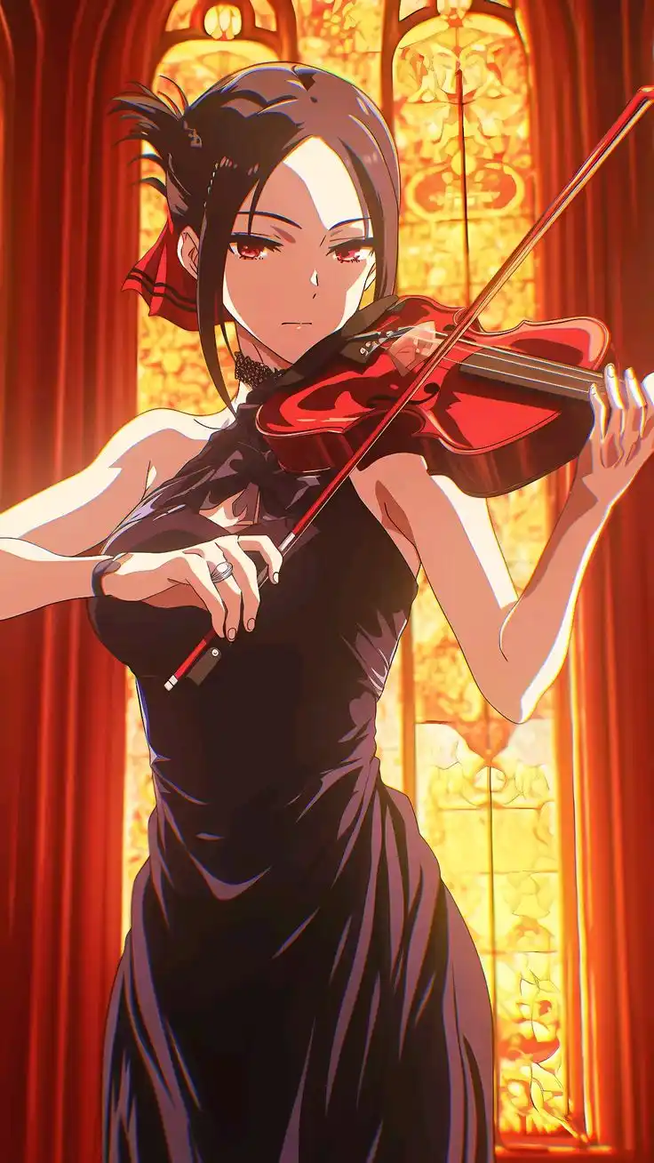 An anime-style illustration of a woman with dark hair and red eyes, wearing a black dress and playing a red violin. She…