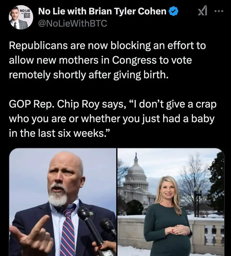 The image is a split-screen Twitter post showing a photo of GOP Rep. Chip Roy speaking at a podium on the left, and a photo…