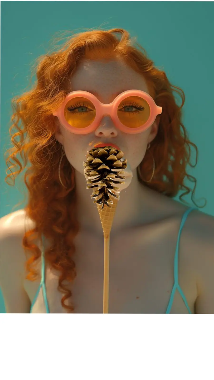 A woman with curly red hair and freckles wears oversized pink sunglasses and holds a pinecone on a stick inside an ice cream…