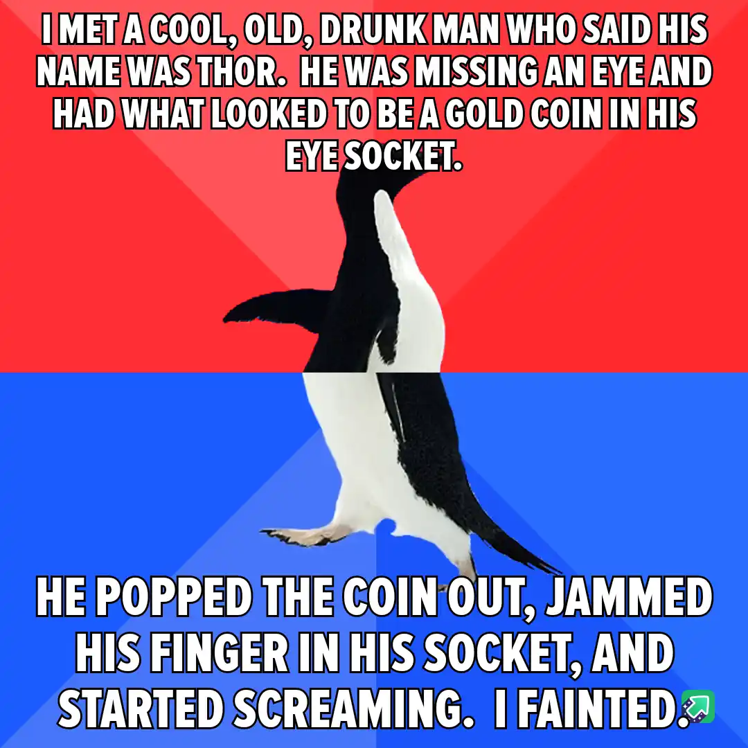 A penguin stands upright against a red and blue background, with white text overlaid in two sections. The top text reads: 'I…