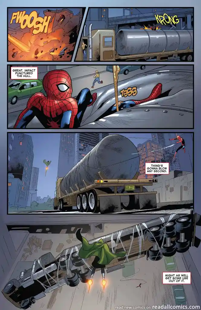 A comic panel sequence shows Spider-Man punching a hole in a tanker truck, then observing as the leaking fuel threatens to…