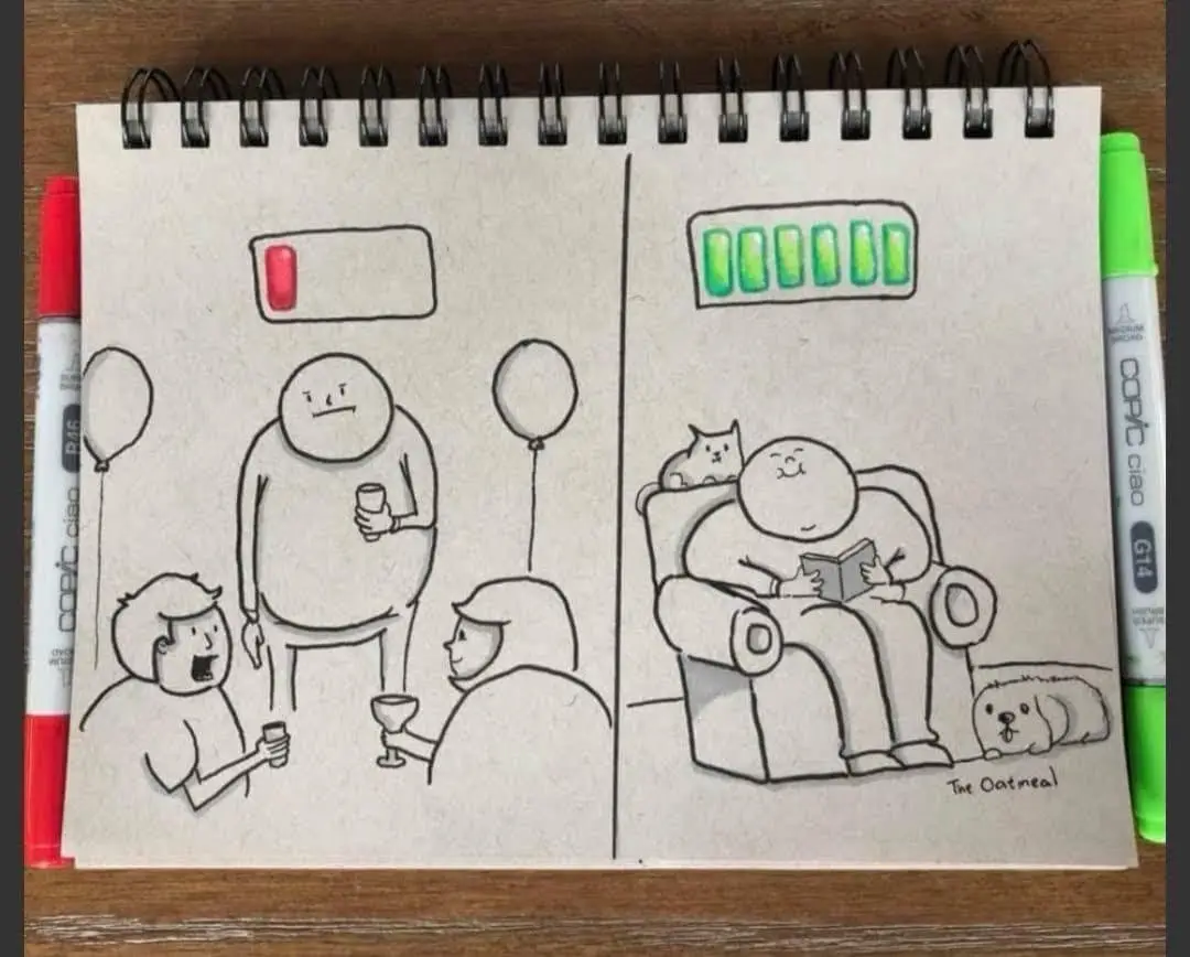 A two-panel comic by The Oatmeal shows a man at a party with a low battery icon above his head, surrounded by people holding…