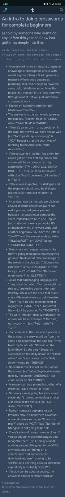 The image displays a dark blue background with white text formatted as a beginner's guide to crosswords. The text explains…