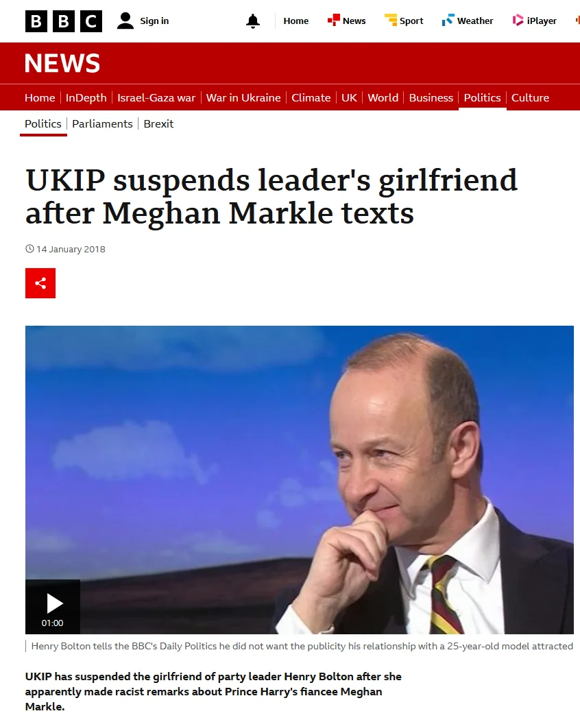 A screenshot of a BBC News article from January 14, 2018, with a headline reading 'UKIP suspends leader's girlfriend after…