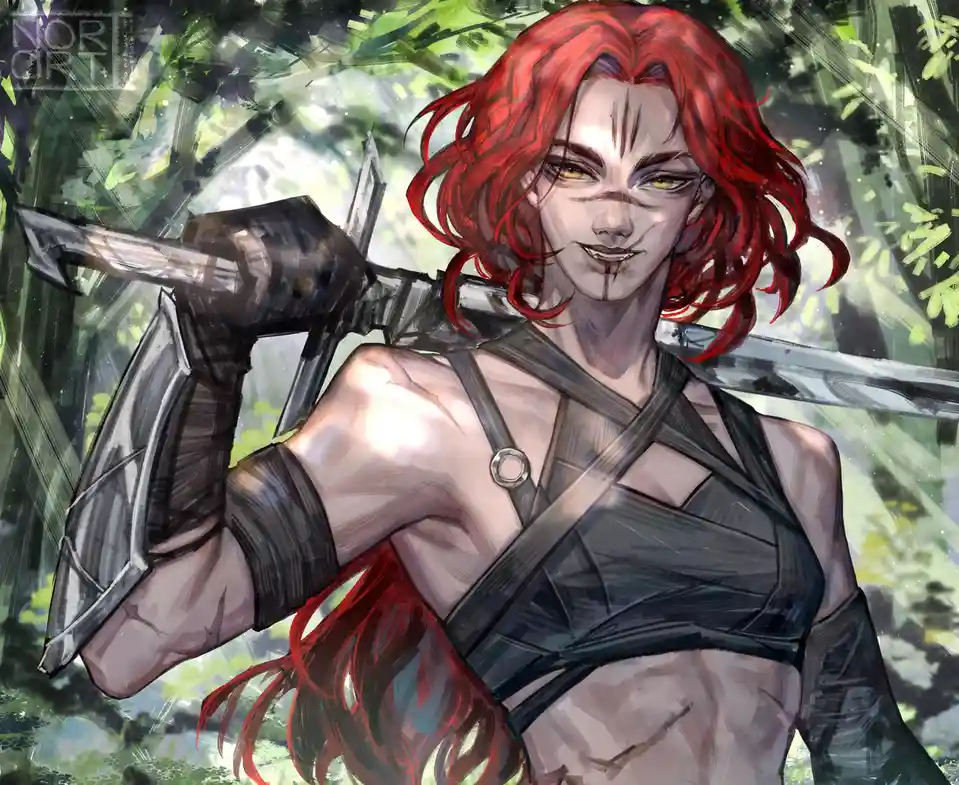 A digital illustration of a red-haired, yellow-eyed warrior with a confident smirk, wearing dark straps and armor, holding a…