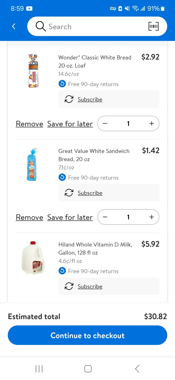 A grocery shopping cart screen showing three items: Wonder bread ($2.92), Great Value bread ($1.42), and Hiland milk…