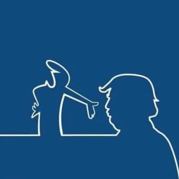 A minimalist white line drawing on a solid blue background shows two stylized human profiles facing each other. The figure…