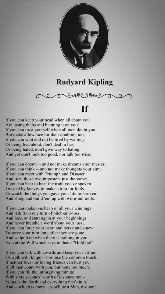 A grayscale image displays a formal portrait of Rudyard Kipling above his poem 'If'. The poem's text is overlaid in a…