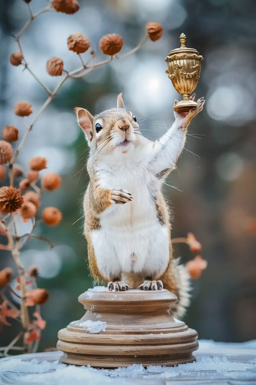 A squirrel stands upright on a wooden pedestal in a snowy setting, holding a golden trophy aloft with one paw. The…