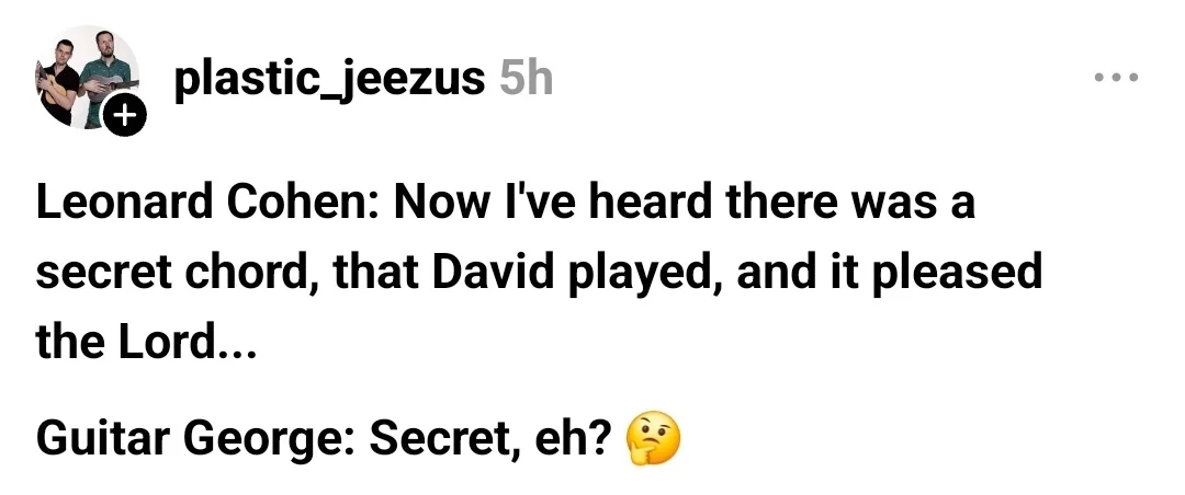 A screenshot of a social media post by 'plastic_jeezus' showing a quote attributed to Leonard Cohen about a 'secret chord'…