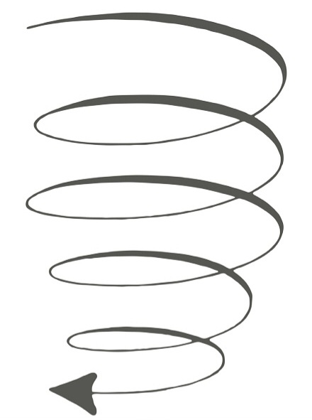 A simple black-and-white sketch of a spiral arrow pointing downward, visually representing a spiraling or escalating…