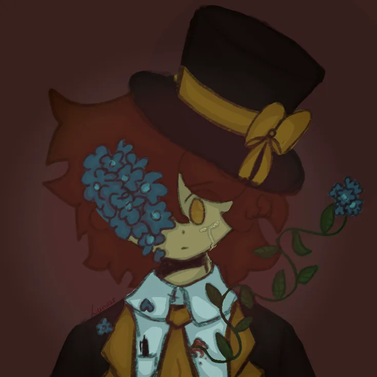 An anime-style character with brown hair and a black top hat adorned with a yellow bow, has a large blue flower covering…