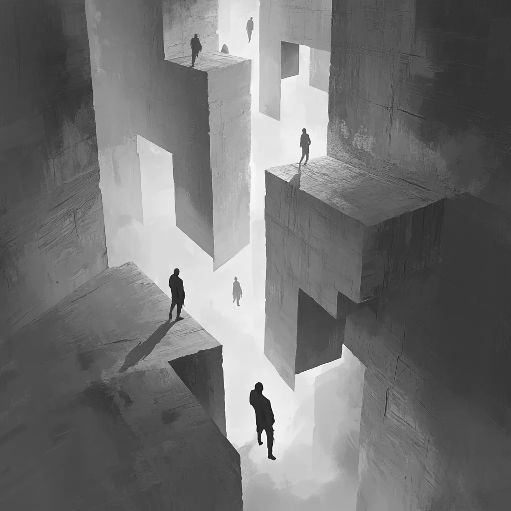 A grayscale, high-angle illustration shows multiple silhouetted figures standing on separate, floating concrete platforms…