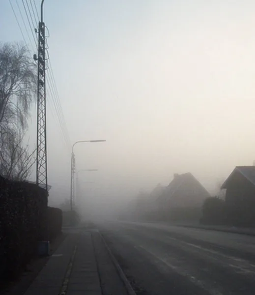 a foggy residential street with houses barely visible through the mist, streetlights and utility poles lining the road…