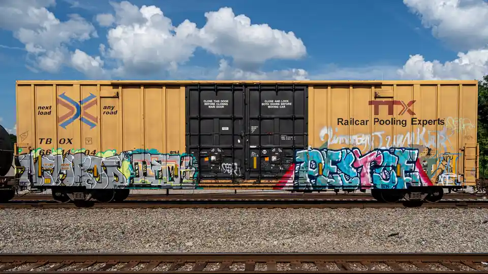 A yellow freight train car covered in colorful graffiti sits on tracks under a blue sky with white clouds. The car has 'TTX…