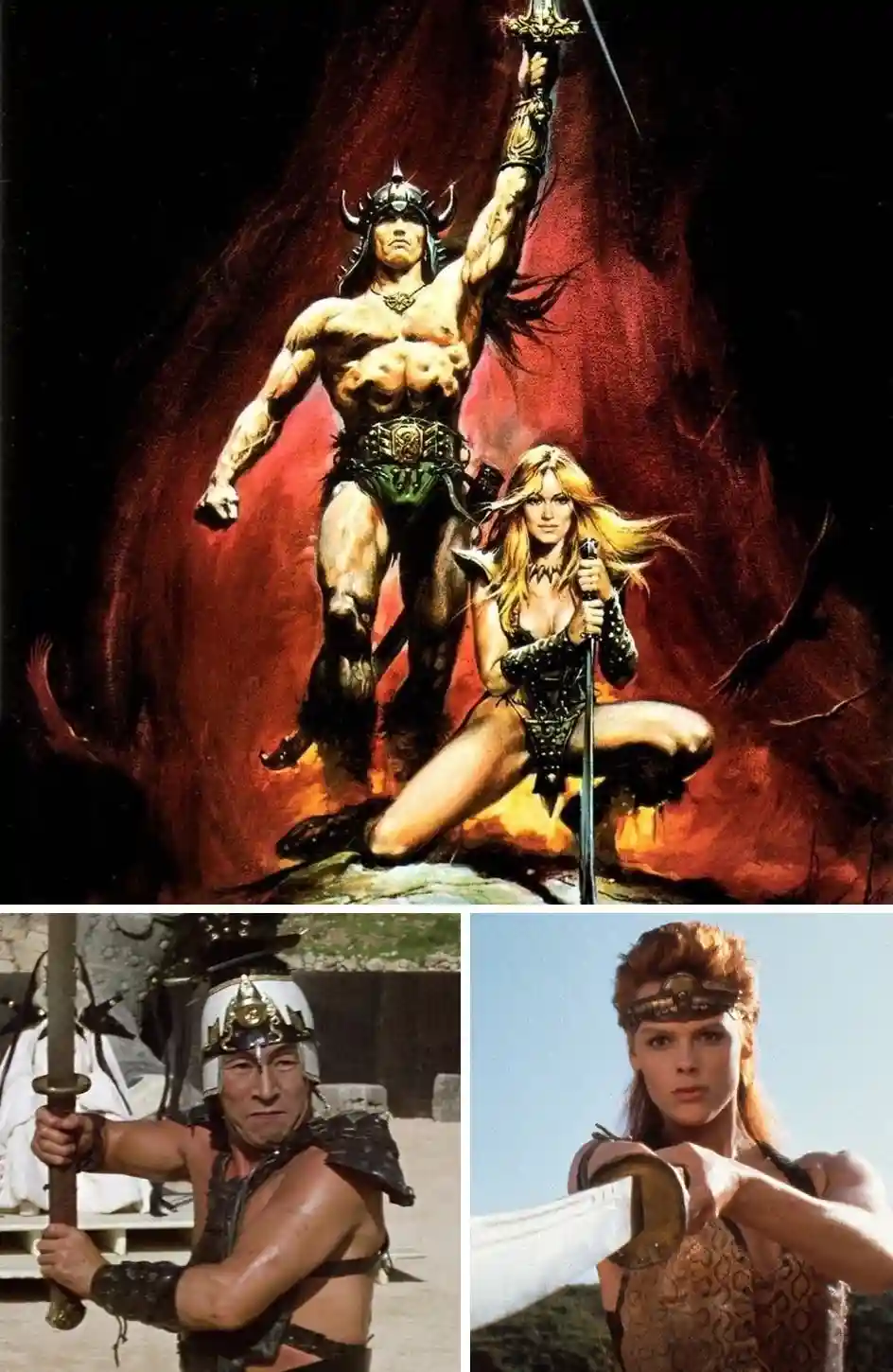 The image is a collage featuring a fantasy painting of Conan the Barbarian and a woman with swords against a fiery red…