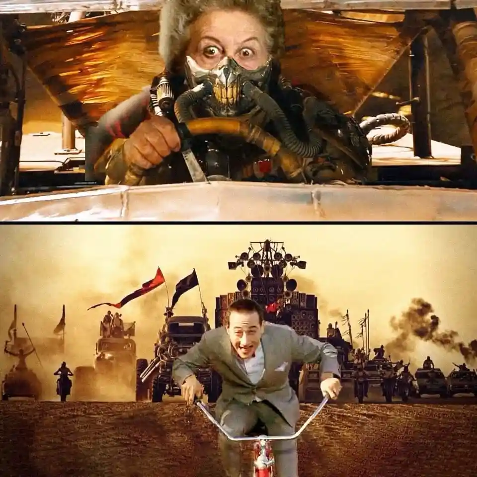 The top panel shows a woman with wild grey hair wearing a skull-masked respirator, gripping a steering wheel in a vehicle…