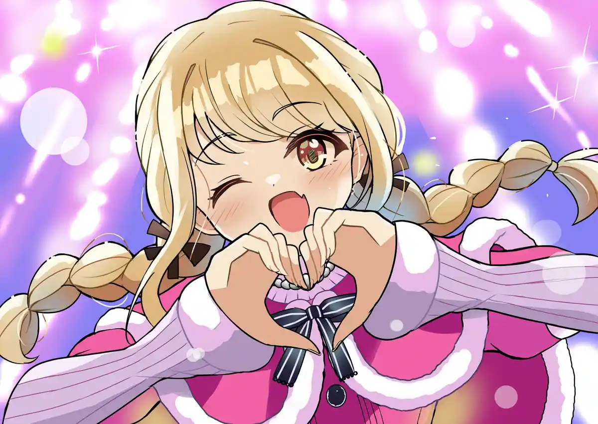 An anime girl with blonde braided hair and a pink outfit makes a heart shape with her hands while smiling and blushing…