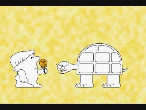 A cartoon turtle with a human-like face and a segmented shell stands facing a small, fluffy creature holding a lollipop. The…