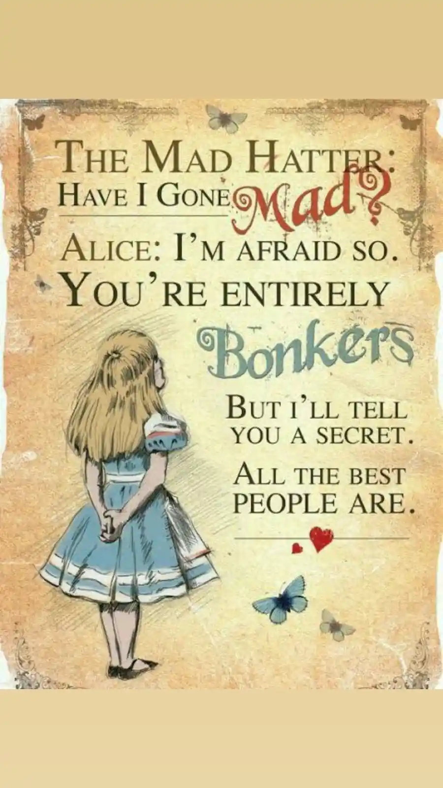 An illustrated image shows Alice from Alice in Wonderland standing with her back to the viewer, wearing her iconic blue…