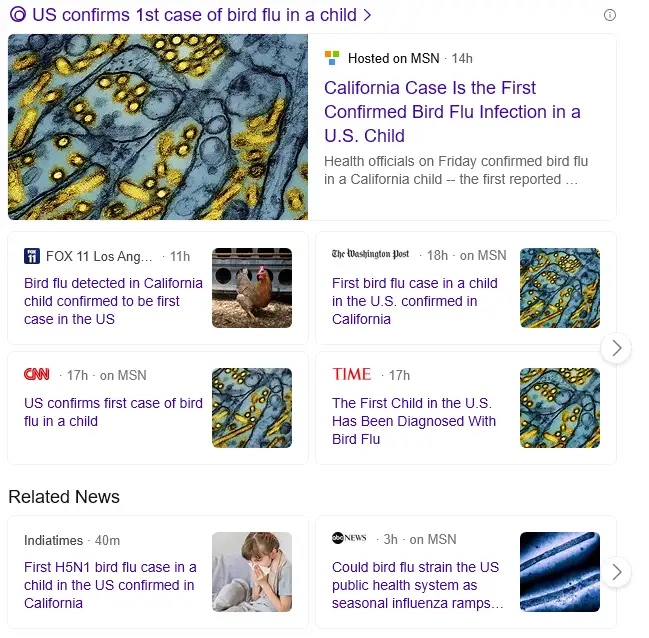 A screenshot of a news feed showing multiple headlines about the first confirmed case of bird flu in a U.S. child, with a…