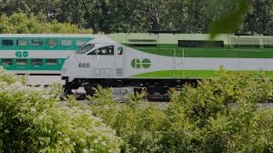 A green and white GO Transit train is partially obscured by overgrown bushes in the foreground, with the overlaid text 'go…