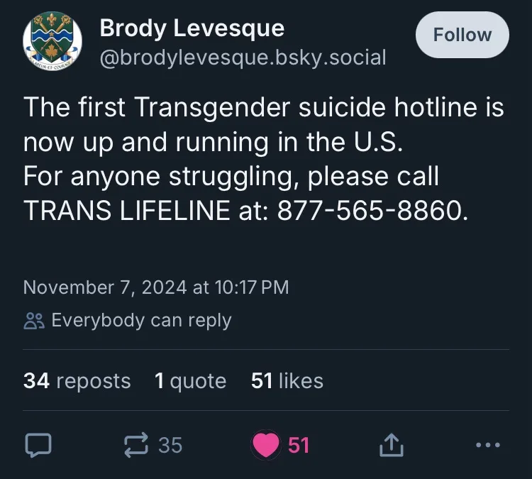 A screenshot of a Bluesky social media post by user Brody Levesque announcing the launch of the first transgender suicide…