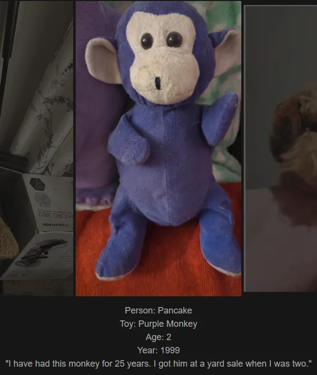 A close-up photo of a well-worn purple plush monkey toy sitting upright on an orange surface. Below the image, text…
