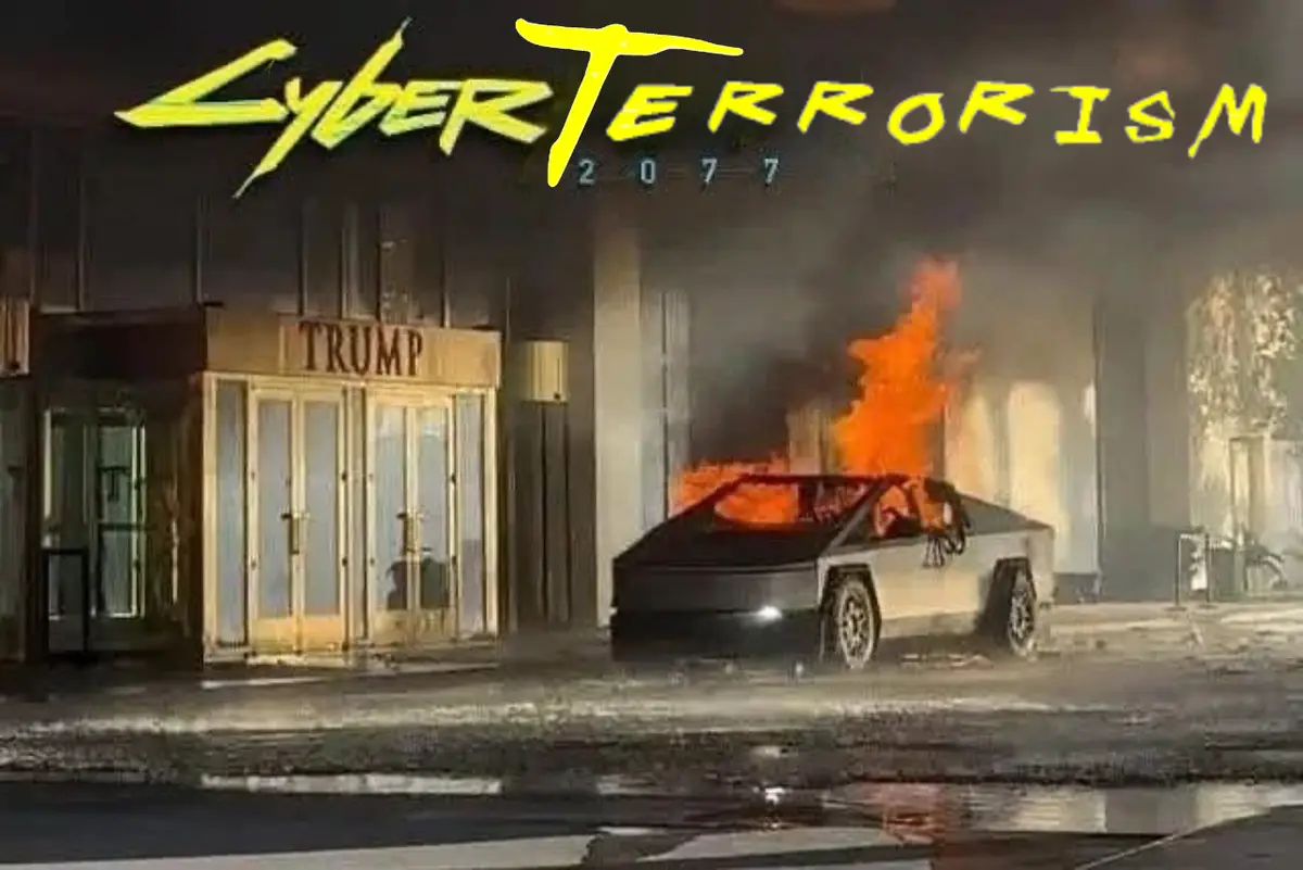 A burning Tesla Cybertruck is parked in front of a building with a sign that reads 'TRUMP'. Above the scene, large yellow…