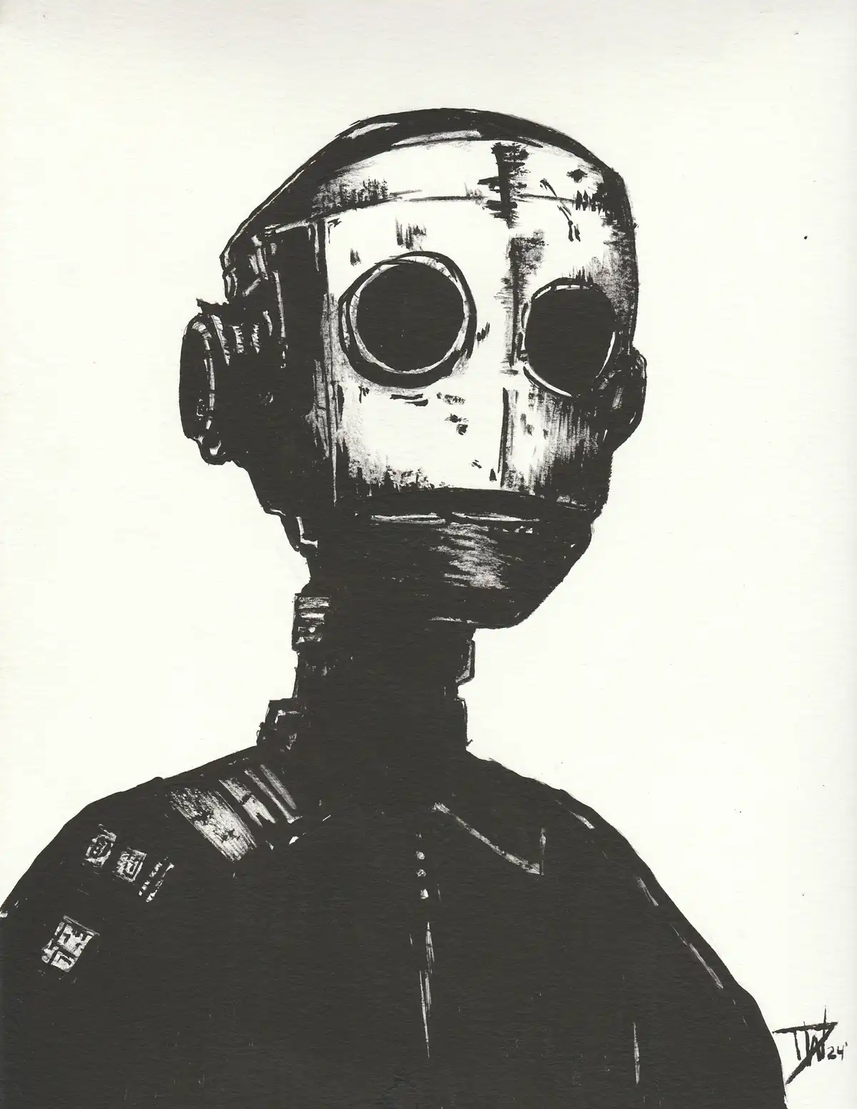 A black-and-white ink drawing depicts a humanoid figure wearing a gas mask with large, empty eye sockets and a rigid…