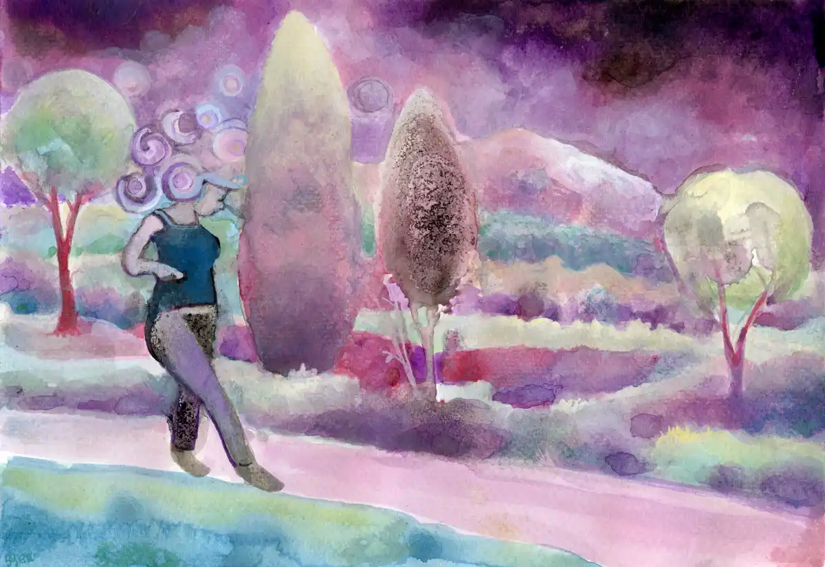 A watercolor painting depicts a person walking on a path through a surreal, purple-hued landscape with stylized trees and…