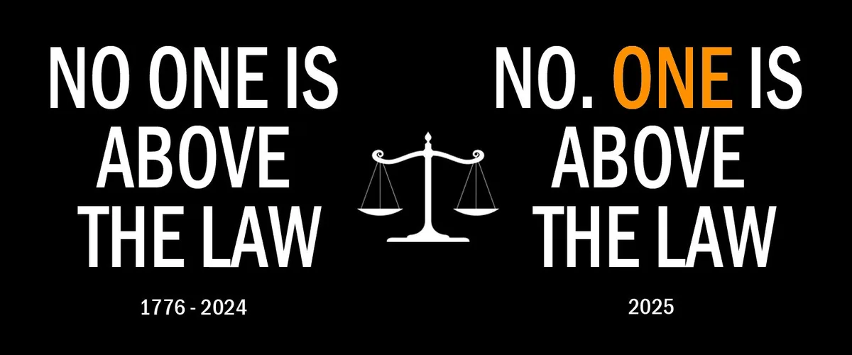 A black background image displays two side-by-side text blocks separated by a white justice scale icon. The left block reads…