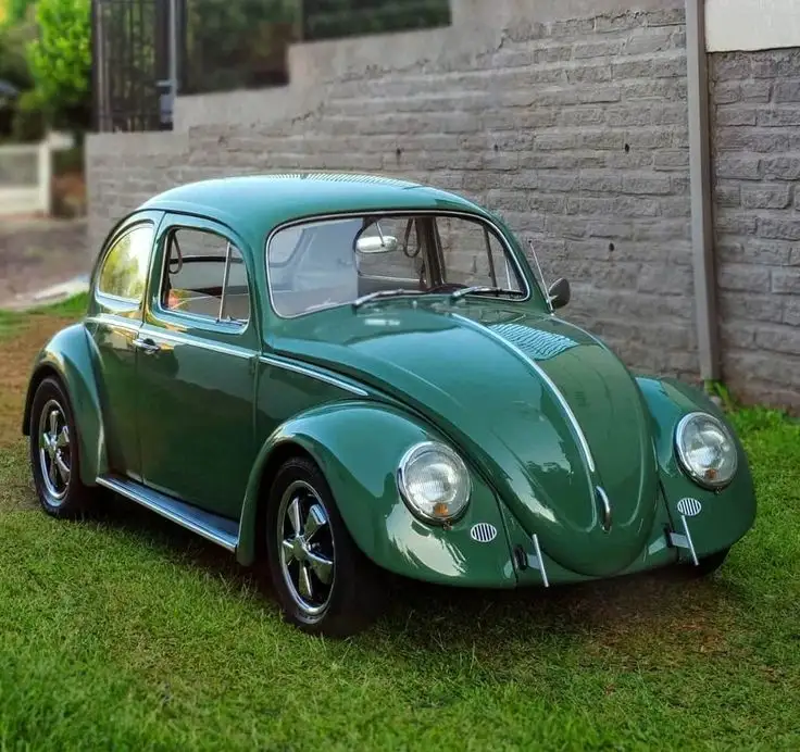 A shiny green vintage Volkswagen Beetle is parked on grass next to a stone wall. The car has chrome bumpers and wheels, and…