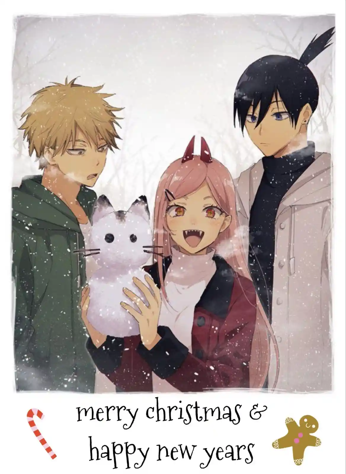 Three anime characters stand in a snowy scene; a pink-haired girl with devil horns joyfully holds a snowcat, flanked by a…