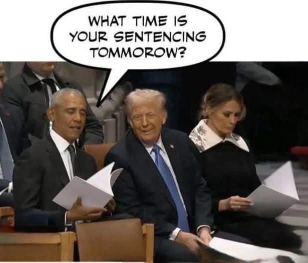A photo shows former President Barack Obama, former President Donald Trump, and Melania Trump seated side-by-side, appearing…