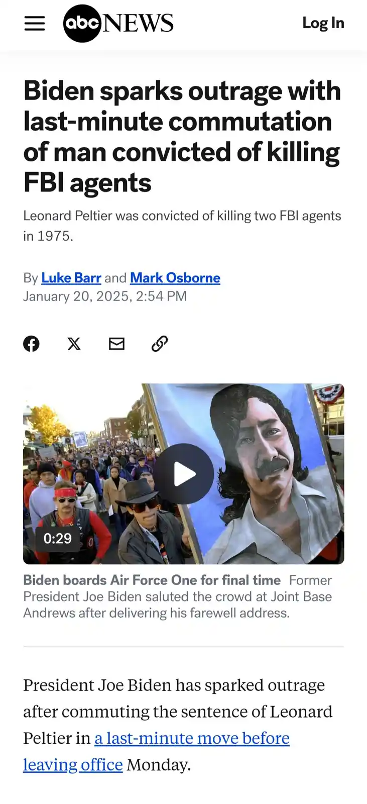 An abcnews.com article screenshot shows a headline about President Biden commuting the sentence of Leonard Peltier, a man…