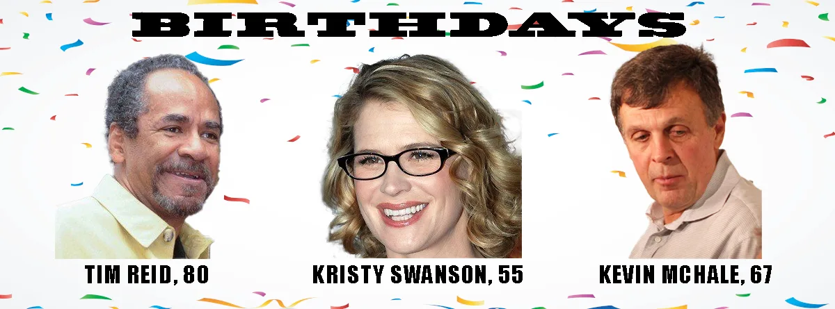 A celebratory image with confetti background and three headshots: Tim Reid (80), Kristy Swanson (55), and Kevin McHale (67)…