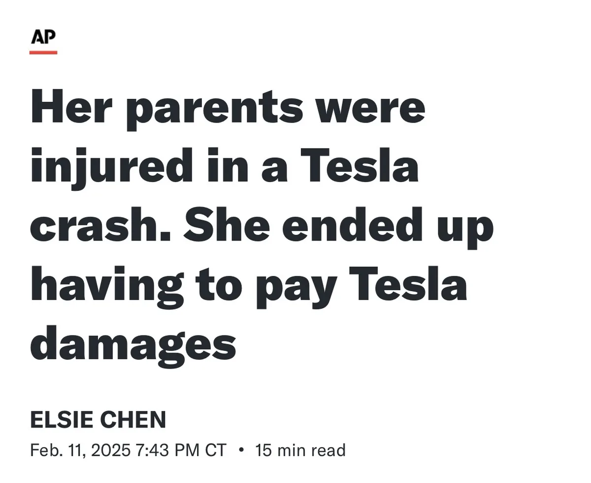 The image displays a screenshot of an AP news article headline that reads 'Her parents were injured in a Tesla crash. She…