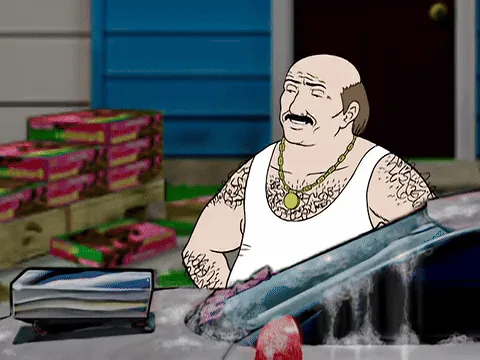 A cartoon man with tattoos and a mustache, wearing a white tank top and gold chain, is shown washing a car in two rows of…