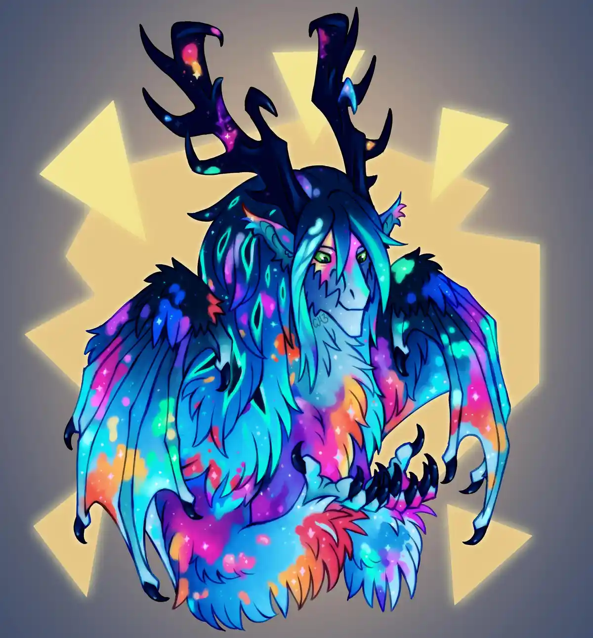 A stylized, fantastical creature with glowing, galaxy-patterned fur, large antlers, and wings, set against a radiant yellow…