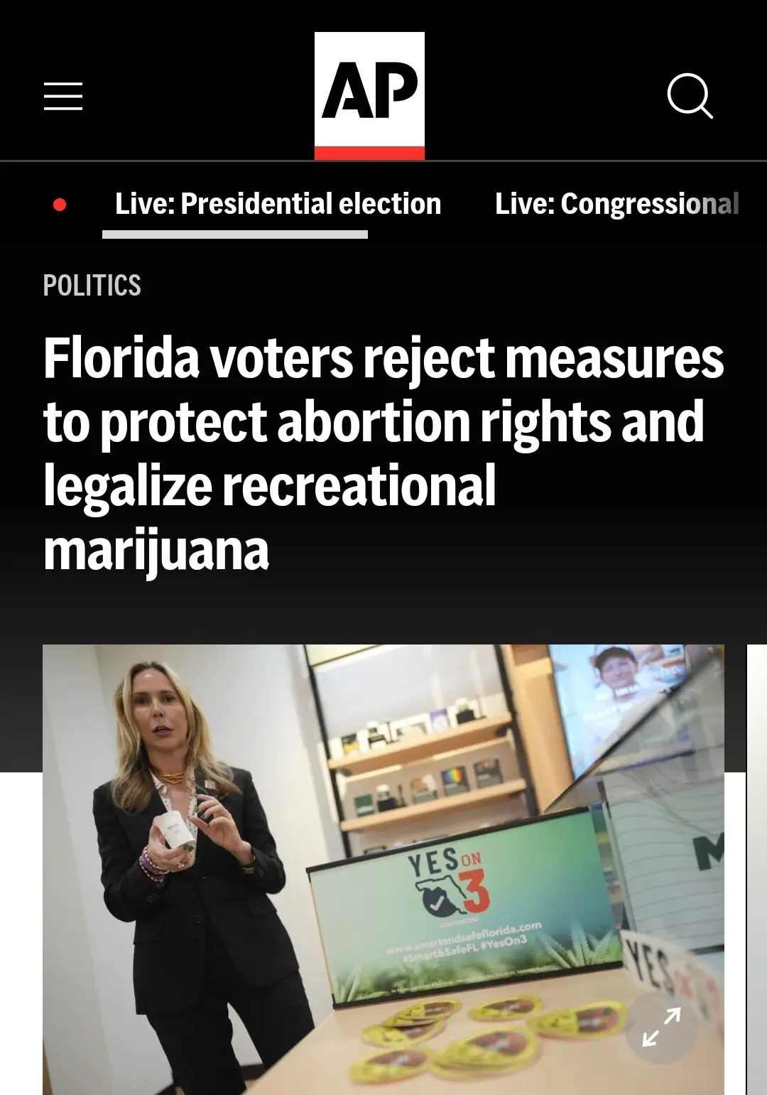 An Associated Press news article screenshot shows a headline about Florida voters rejecting measures to protect abortion…