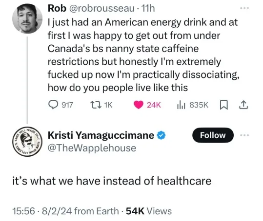 A screenshot of a Twitter thread shows Rob @robrousseau complaining about drinking an American energy drink and now feeling…