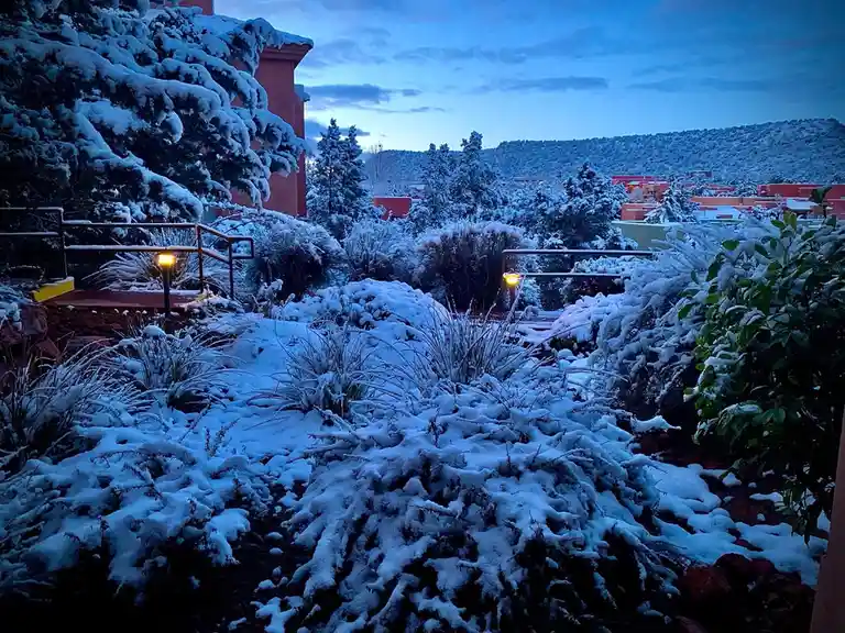 A serene winter scene at dusk, showing snow-covered bushes, trees, and terracotta-colored buildings with warm lights…