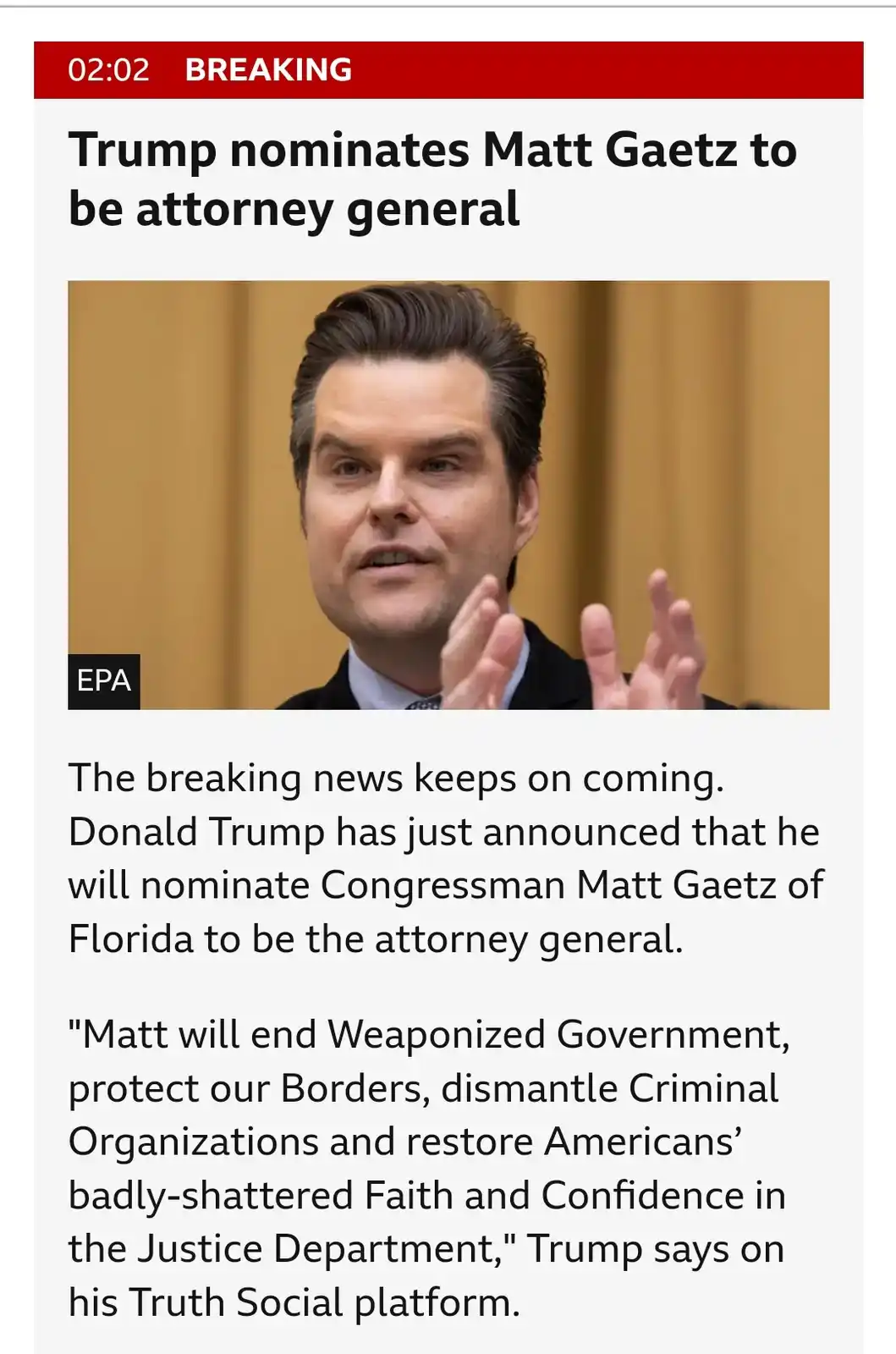 A screenshot of a news article with a red 'BREAKING' banner at the top, featuring a photo of Matt Gaetz speaking with hands…
