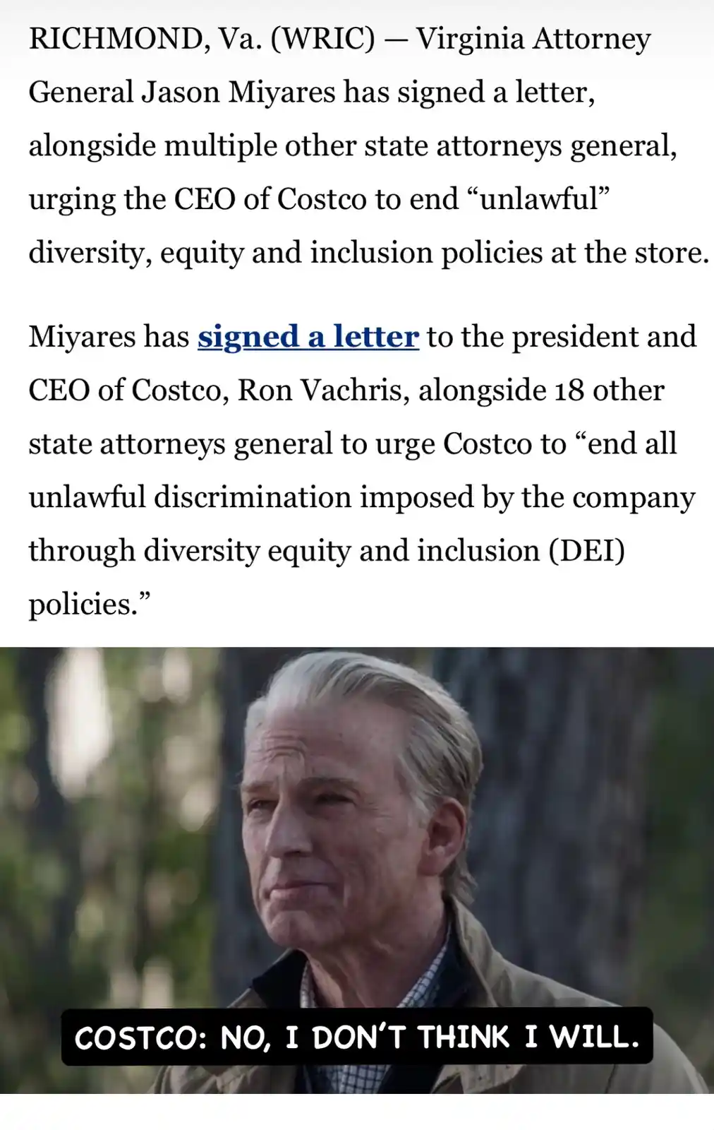 The image displays a news article snippet about Virginia Attorney General Jason Miyares signing a letter with other…